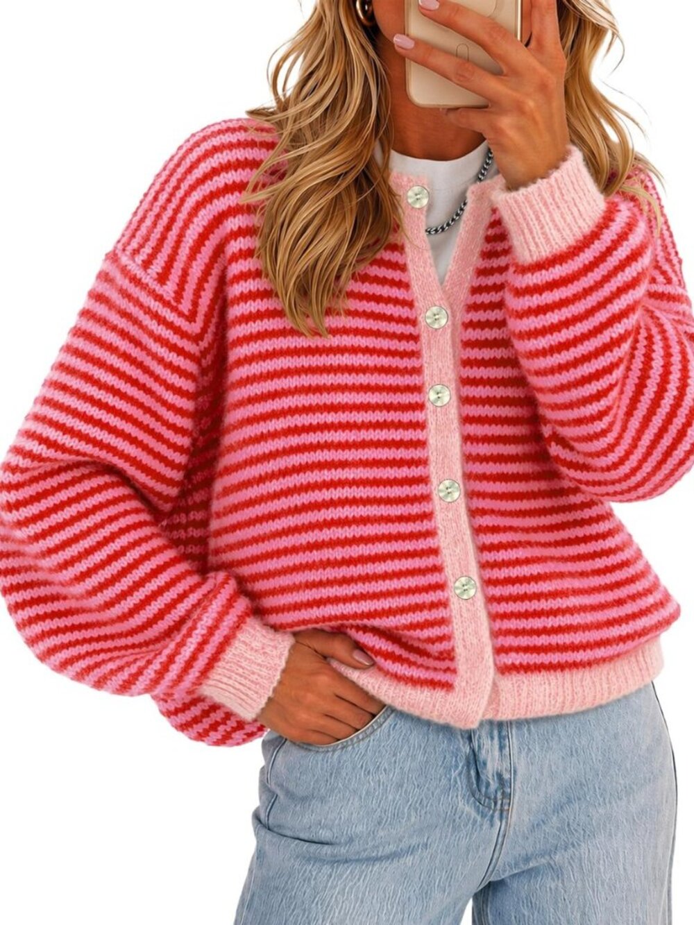 Womens Striped Cardigan Sweaters Long Sleeve Button Up Knit Tops